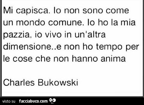Mi capisca. Io non sono come un mondo comune. Io ho la mia pazzia, io vivo in un'altra dimensione. E non ho tempo per le cose che non hanno anima. Charles Bukowski