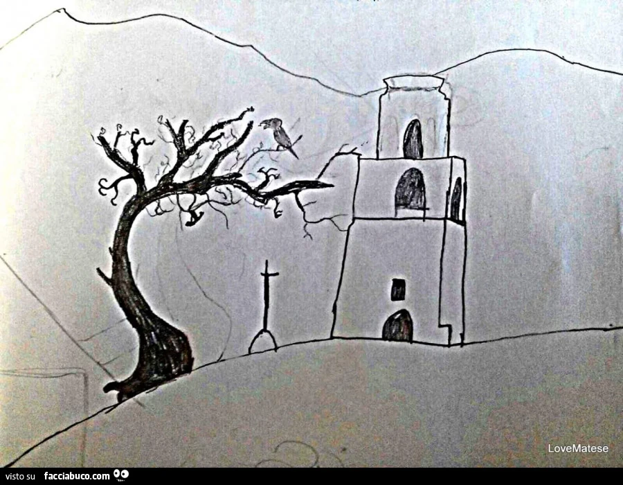 Disegno di strana torre con albero inquietante
