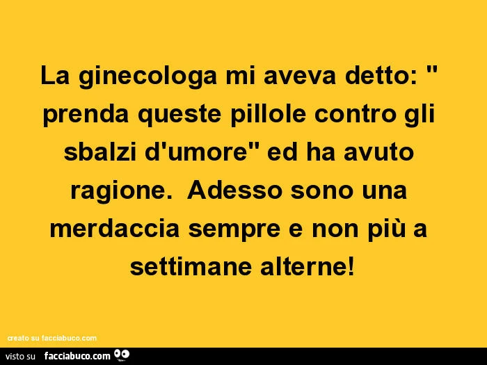 La ginecologa mi aveva detto: " prenda queste pillole contro gli sbalzi d'umore" ed ha avuto ragione. Adesso sono una merdaccia sempre e non più a settimane alterne