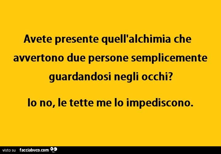 Avete presente quell'alchimia che avvertono due persone semplicemente guardandosi negli occhi? Io no, le tette me lo impediscono