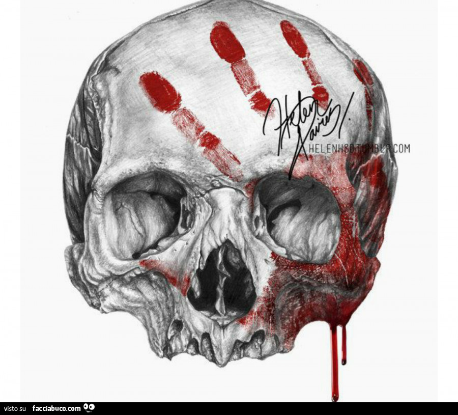 Impronta di mano insanguinata sul teschio