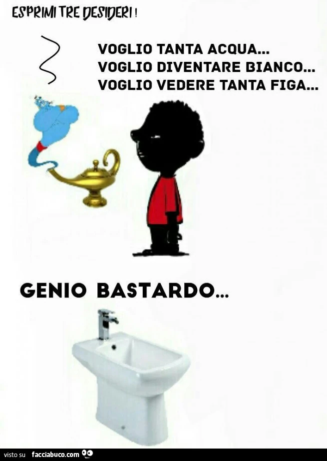Esprimi tre desideri. Voglio tanta acqua, voglio diventare bianco, voglio vedere tanta figa. Genio bastardo