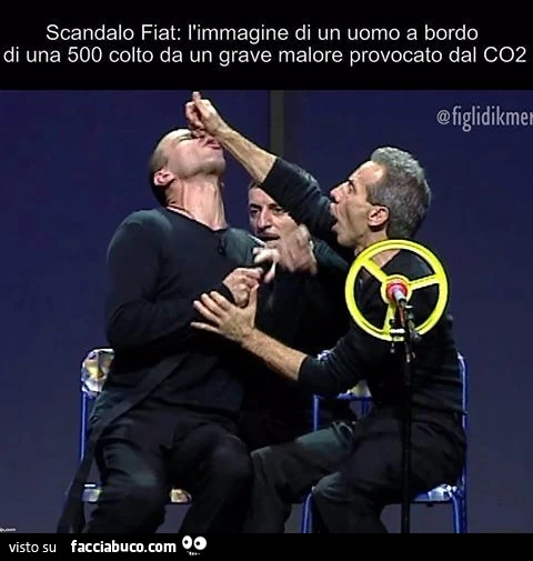 Scandalo Fiat: l'immagine di un uomo a bordo di una 500 colto da un grave malore provocato dal CO2