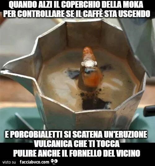Quando alzi il coperchio della moka per controllare se il caffè sta uscendo e porcobialetti si scatena un'eruzione vulcanica che ti tocca pulire anche il fornello del vicino