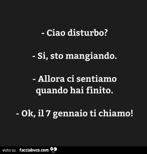 Ciao disturbo? Si, sto mangiando. Allora ci sentiamo quando hai finito. Ok, il 7 Gennaio ti chiamo
