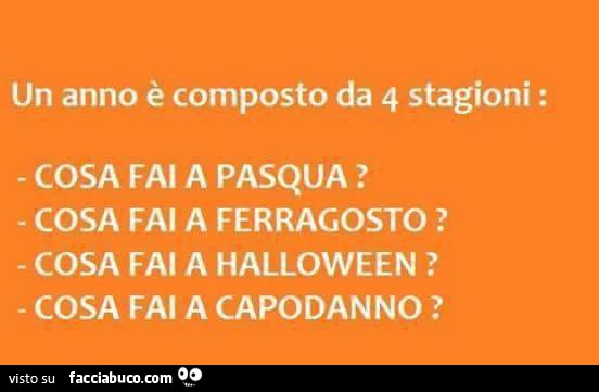 Un anno è composto da 4 stagioni: cosa fai a pasqua? Cosa fai a ferragosto? Cosa fai a halloween? Cosa fai a capodanno?
