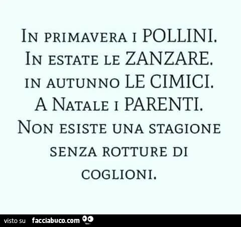 In primavera i pollini. In estate le zanzare. In autunno le cimici. A natale i parenti. Non esiste una stagione senza rotture di coglioni