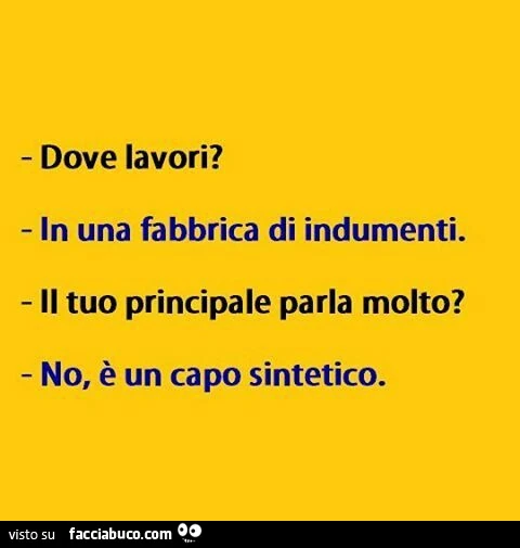 Dove lavori? In una fabbrica di indumenti. Il tuo principale parla molto? No, è un capo sintetico