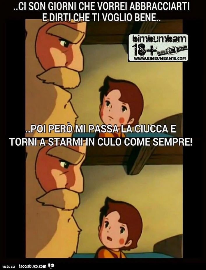 Ci son giorni che vorrei abbracciarti e dirti che ti voglio bene. Poi però mi passa la ciucca e torni a starmi in culo come sempre