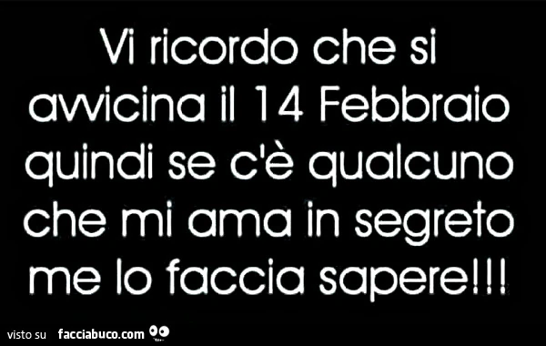 Vi ricordo che si avvicina il 14 febbraio quindi se c'è qualcuno che mi ama in segreto me lo faccia sapere