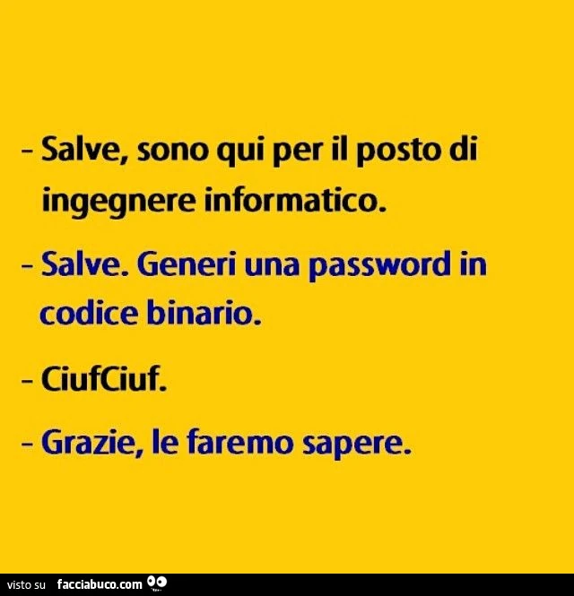 Salve, sono qui per il posto di ingegnere informatico. Salve. Generi una password in codice binario. Ciufciuf. Grazie, le faremo sapere