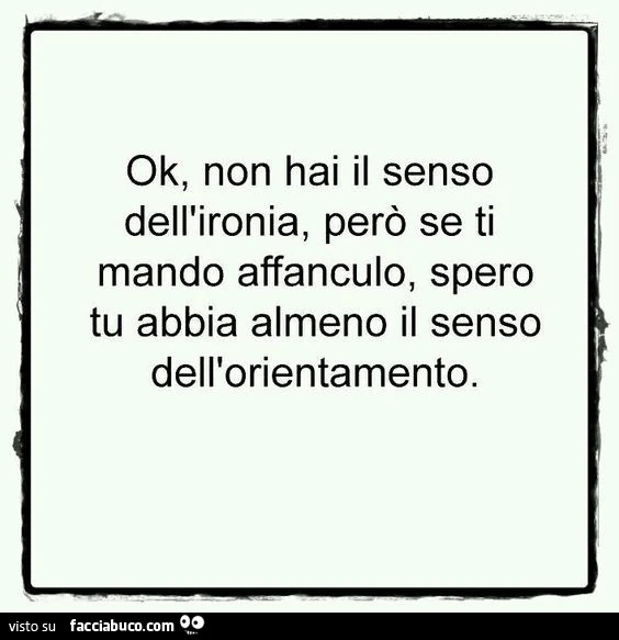 Ok, non hai il senso dell'ironia, però se ti mando affanculo, spero tu abbia almeno il senso dell'orientamento
