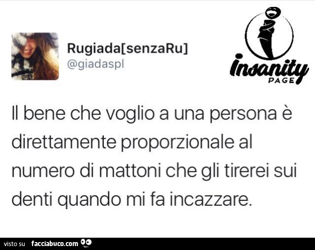 Il bene che voglio a una persona è direttamente proporzionale al numero di mattoni che gli tirerei sui denti quando mi fa incazzare