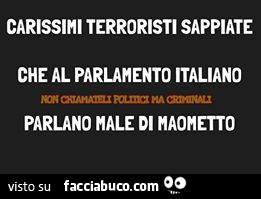 Carissimi terroristi sappiate che al parlamento italiano parlano male di Maometto
