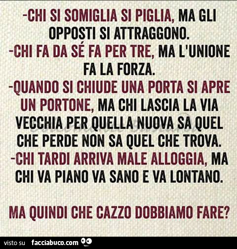 Chi si somiglia si piglia, ma gli opposti si attraggono. Chi fa da sé fa per tre, ma l'unione fa la forza