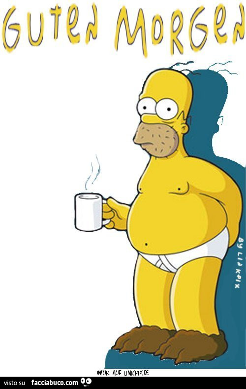 Homer Simpson nudo col caffè. Guten Morgen