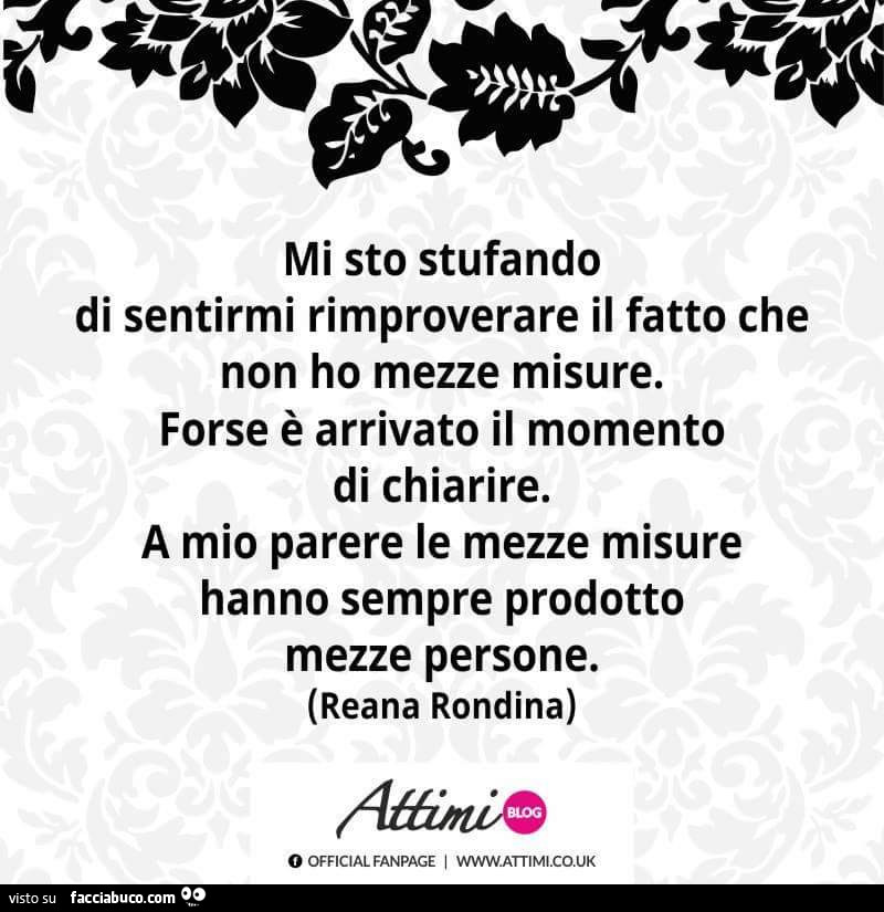 Mi sto stufando di sentirmi rimproverare il fatto che non ho mezze misure. Forse è arrivato il momento di chiarire. A mio parere le mezze misure hanno sempre prodotto mezze persone
