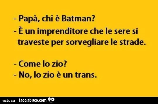 Papà chi è Batman? Un imprenditore che le sere si traveste per sorvegliare le strade. Come lo zio? No lo zio è un trans