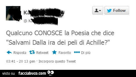Qualcuno conosce la Poesia che dice salvami dalla ira dei peli di Achille?