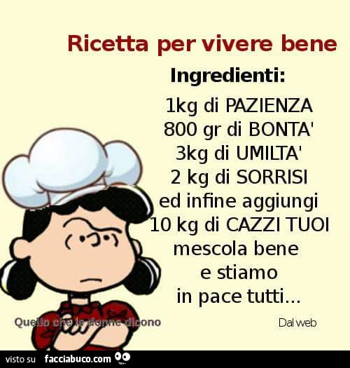 Ricetta per vivere bene: ingredienti: 1kg di pazienza, 800 gr di bontà, 3kg di umiltà, 2 kg di sorrisi, ed infine aggiungi 10 kg di cazzi tuoi. Mescola bene e stiamo in pace tutti