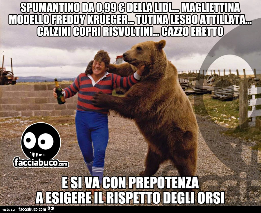 Spumantino da 0,99€ della Lidl, magliettina modello Freddy Krueger, tutina lesbo attillata, calzini copri risvoltini, cazzo eretto, e si va con prepotenza a esigere il rispetto degli orsi