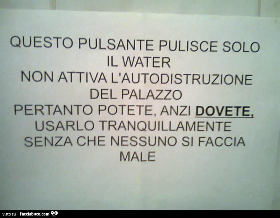 Questo pulsante pulisce solo il water, non attiva l'autodistruzione del palazzo, pertanto potete, anzi dovete usarlo tranquillamente senza che nessuno si faccia male